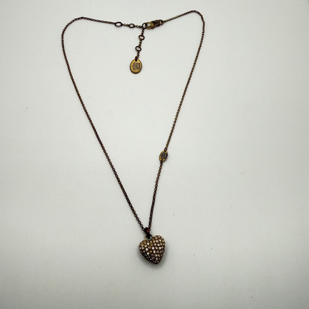 Juicy Couture Puffy Heart Rhinestone Necklace Antiqued Gold Tone Y2K Crown Logo